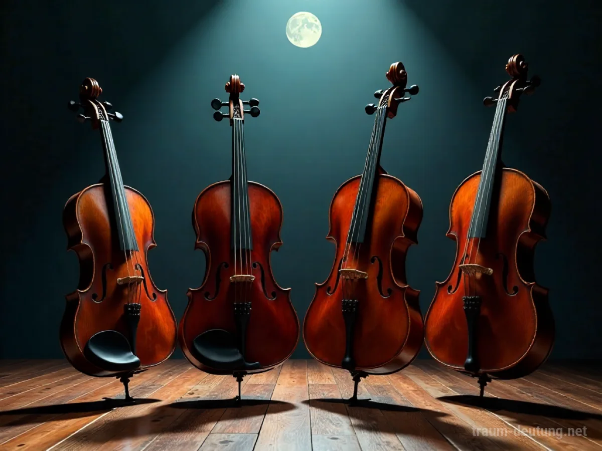 Traumdeutung Quartett: Vier antike Streichinstrumente – Violine, Viola, Cello und Kontrabass – sind auf einer dunklen Holzbühne im Mondlicht arrangiert.