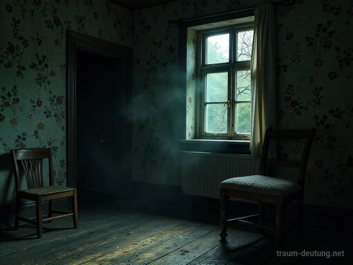 Traumsymbol Quartier: Ein einsames, spärlich beleuchtetes Zimmer in einem alten, verlassenen Haus, durch dessen schmutziges Fenster ein Mondstrahl fällt.