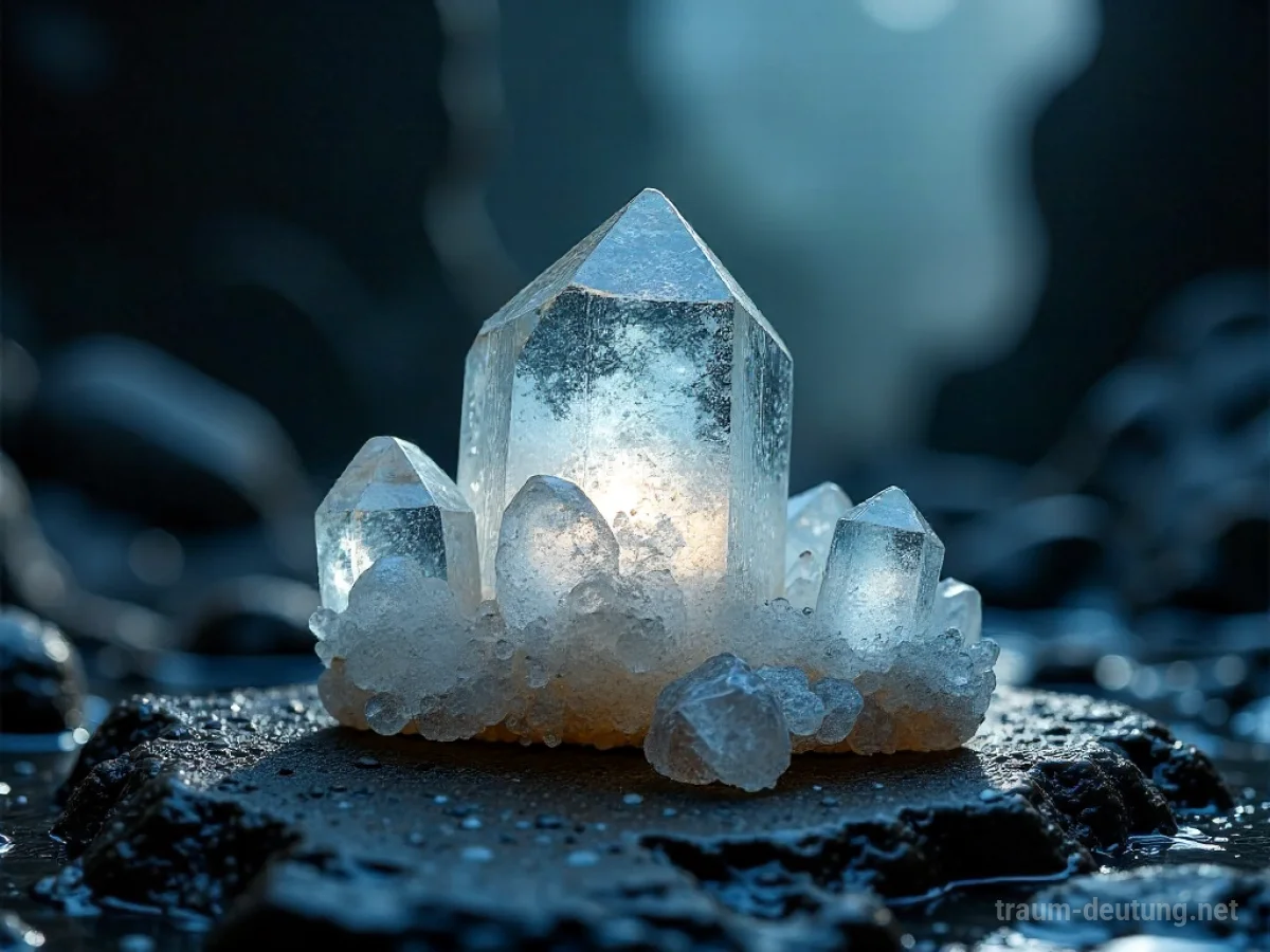 Traumsymbol Quarz: Ein großer, klarer Quarz-Kristallcluster ruht auf nassem Stein, beleuchtet von Mondlicht in einer nebligen Höhle.