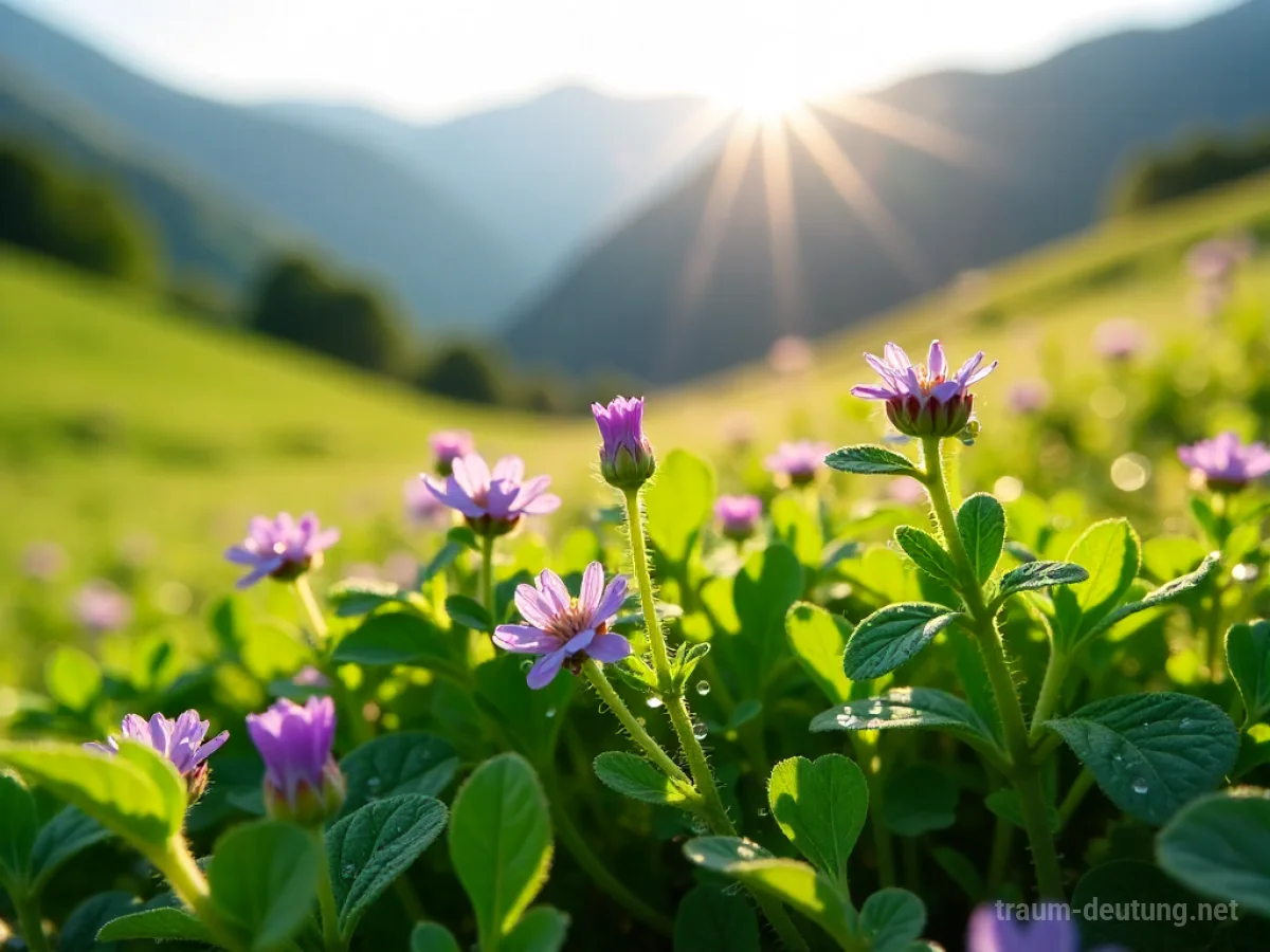 Traumsymbol Quendel: Nahaufnahme von grünen Quendel-Pflanzen mit lila Blüten und Tautropfen auf einer sonnenbeschienenen Bergwiese.