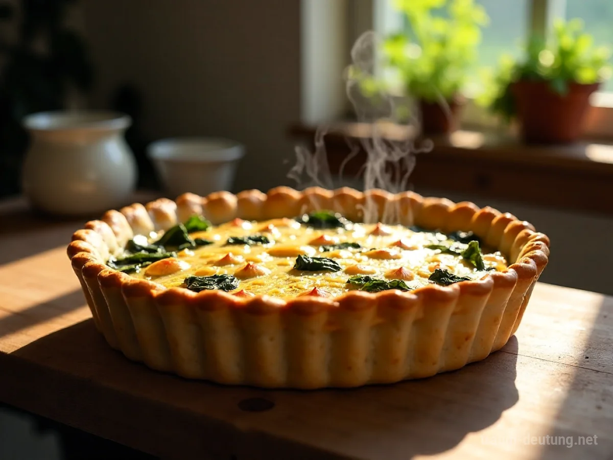 Traumsymbol Quiche: Eine goldbraune, dampfende Quiche mit herzhafter Füllung steht auf einem rustikalen Holztisch im warmen Licht eines Fensters.