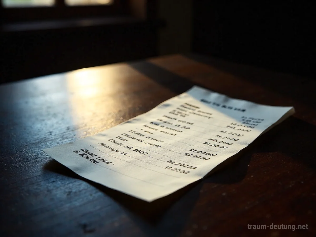 Traumsymbol Quittung: Eine weiße Quittung mit verblasster schwarzer Tinte liegt auf einem dunklen Holztisch, beleuchtet von einem einzelnen Scheinwerfer.