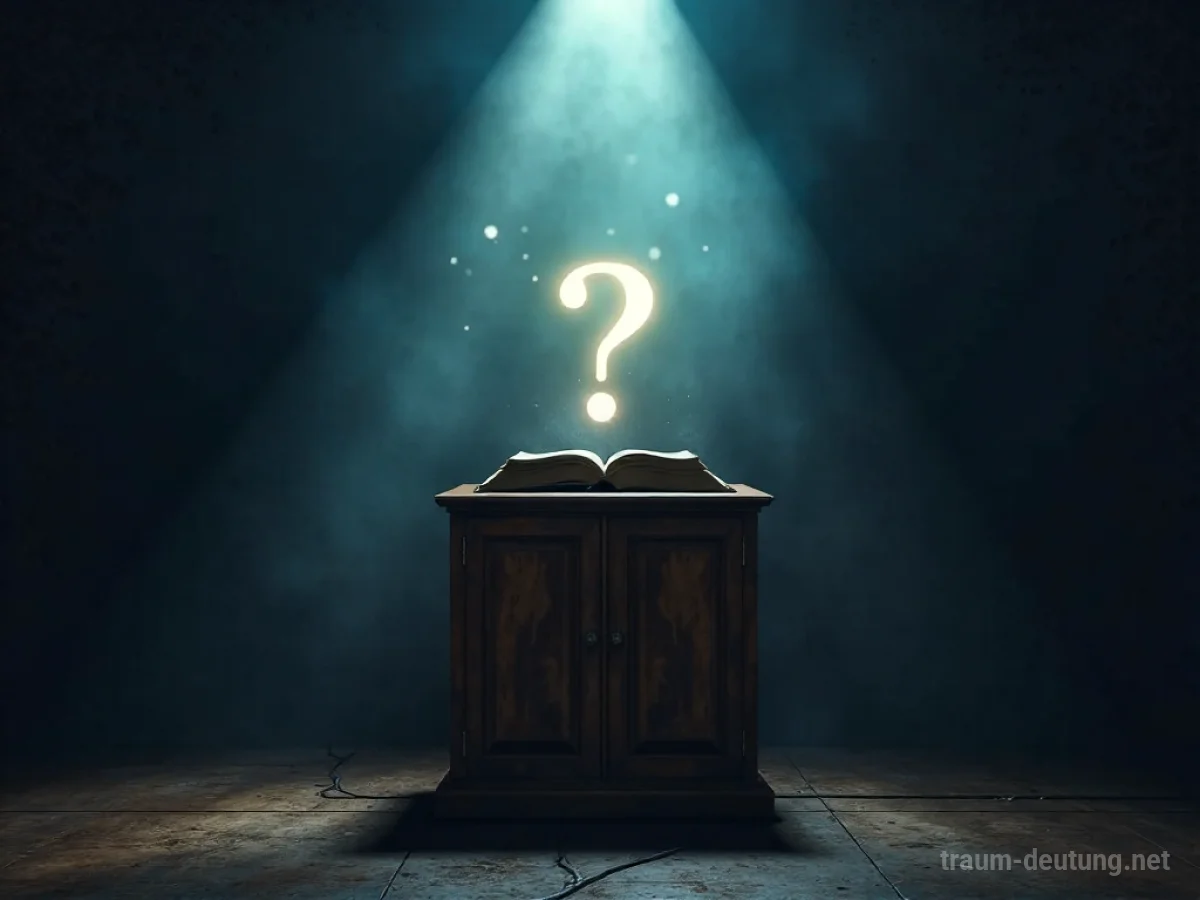 Traumdeutung Quiz: Ein leuchtendes Fragezeichen schwebt über einem Buch auf einem Podest in einem dunklen Raum, Symbol für Selbstprüfung.