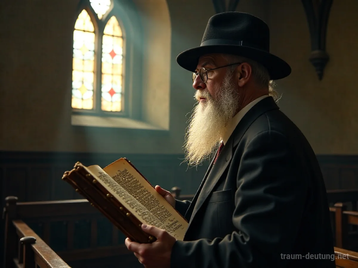 Traumdeutung Rabbiner: Ein weiser, älterer orthodoxer Jude mit weißem Bart und schwarzem Hut steht in einer alten Synagoge, während Sonnenlicht durch ein Buntglasfenster fällt und er eine Torarolle hält.