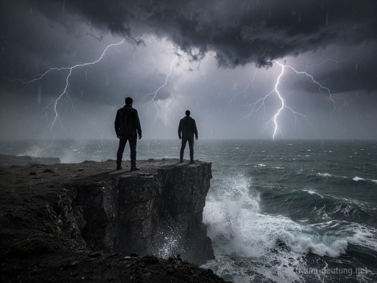 Traumsymbol Rache: Eine einsame, schattenhafte Gestalt steht auf einer felsigen Klippe und blickt auf ein stürmisches Meer, während Blitze den dramatischen Himmel erhellen.