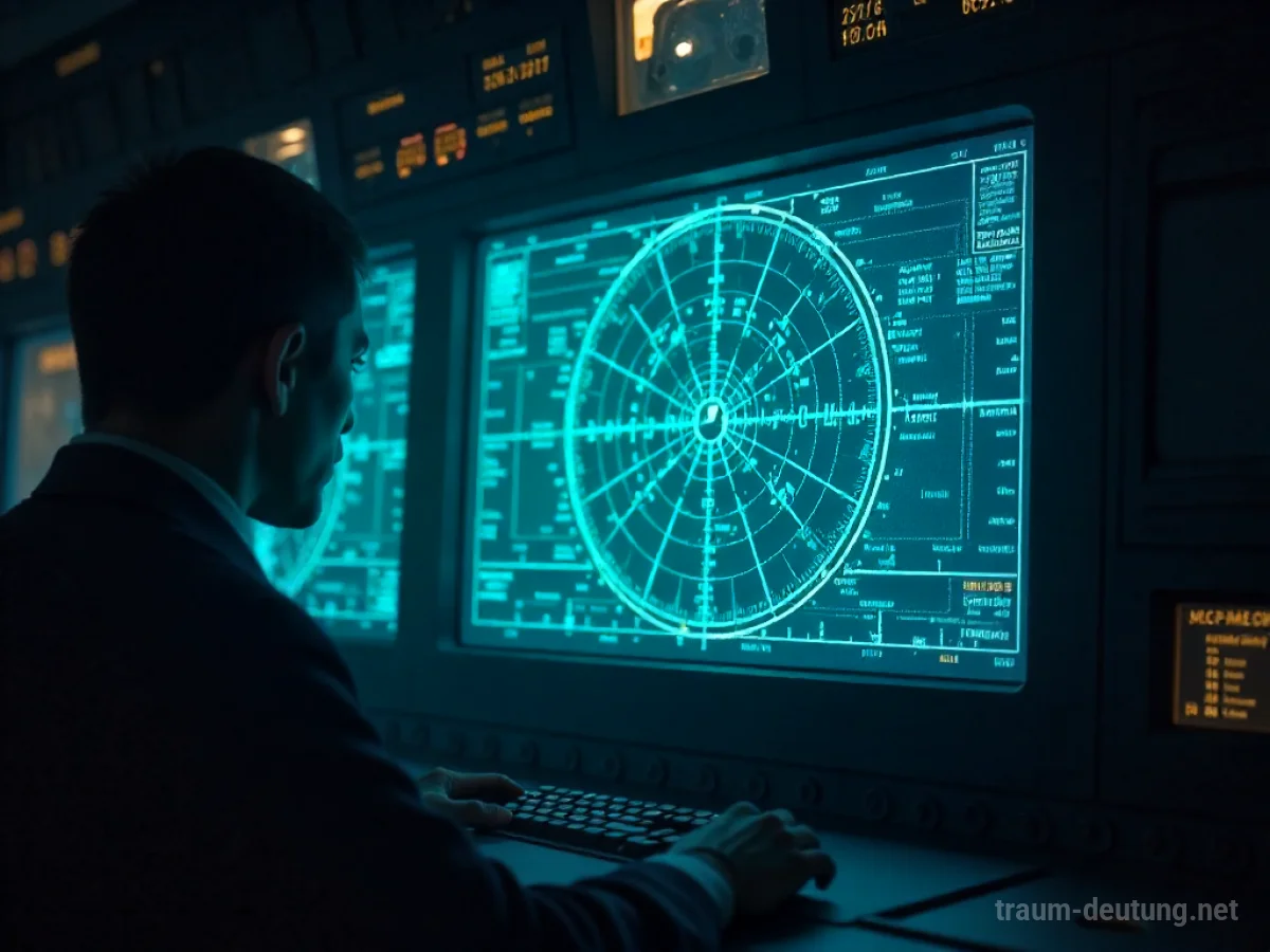 Traumsymbol Radar: Ein leuchtender Vintage-Radarschirm zeigt komplexe Signale in einem schwach beleuchteten Raum.