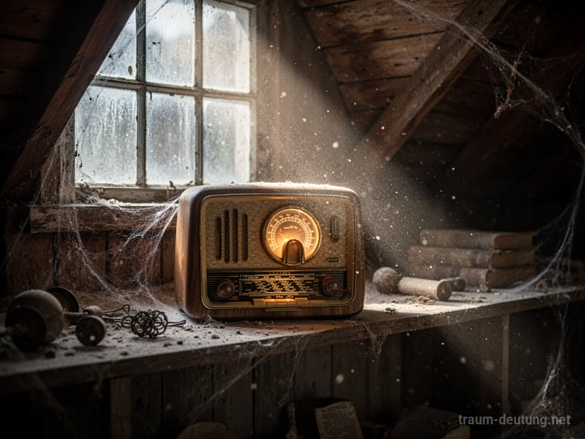 Traumdeutung Radio: Ein antiker Holzradio steht auf einem staubigen Dachboden, beleuchtet von einem einzelnen Mondstrahl, der durch ein schmutziges Fenster fällt.
