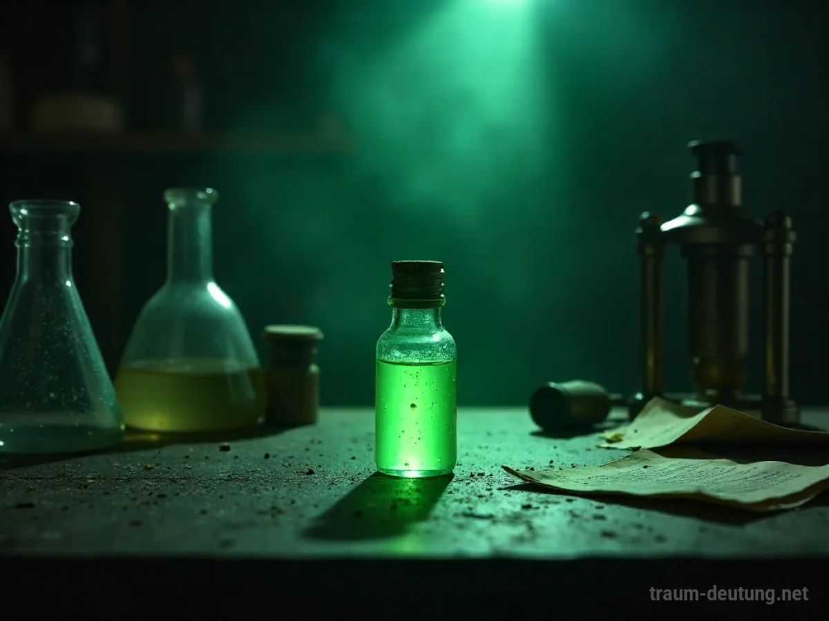 Traumsymbol Radium: Ein schwach leuchtendes, grünes Radium in einem antiken Labor, umgeben von wissenschaftlichen Geräten, unter einem einzelnen Lichtstrahl.