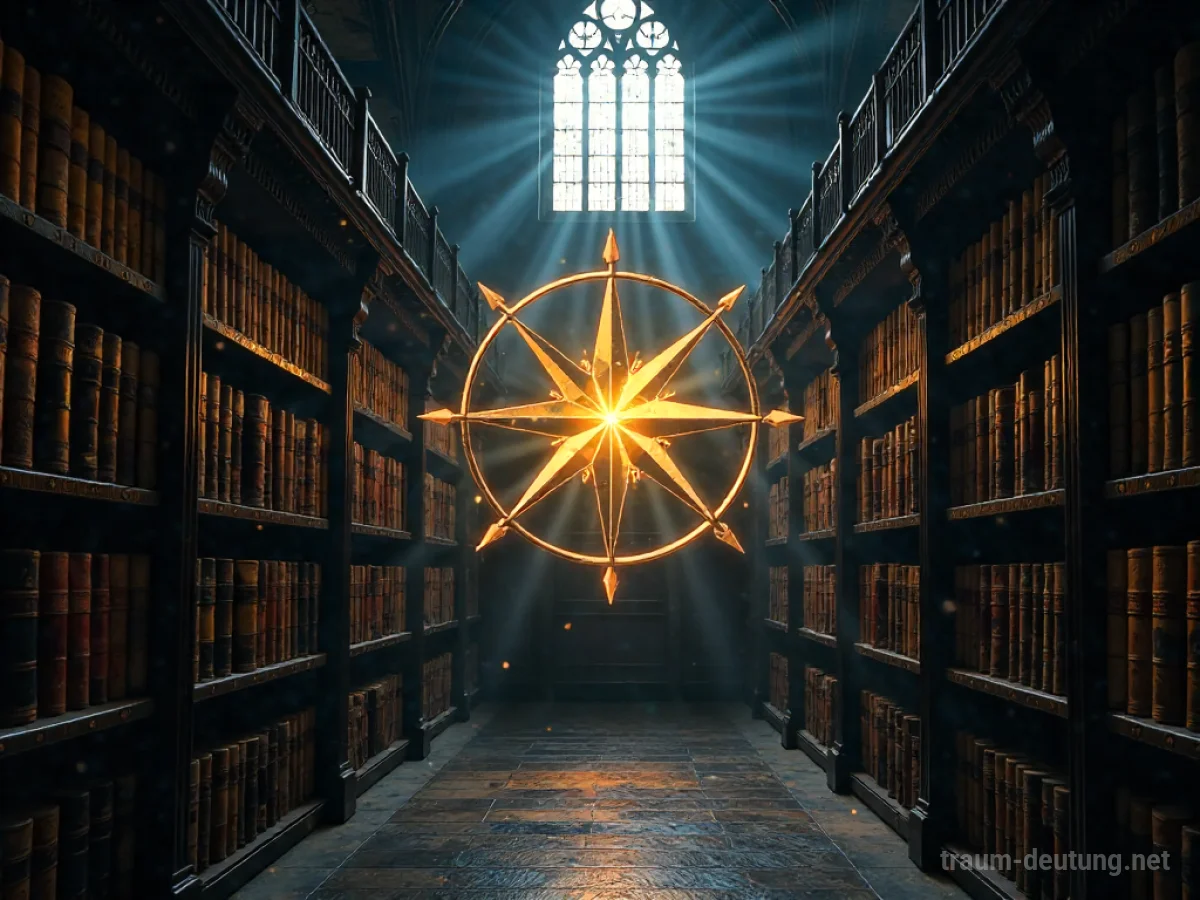 Traumsymbol Radius: Eine leuchtende Kompassrose über einer alten Bibliothek, die nach außen weist und den Einflussbereich im Traum symbolisiert.