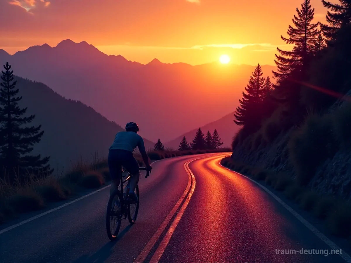 Traumdeutung Radsport: Ein einsamer Radfahrer erklimmt eine steile Bergstraße im Morgengrauen, umgeben von nebelverhangenen Gipfeln und dunklen Pinienwäldern.