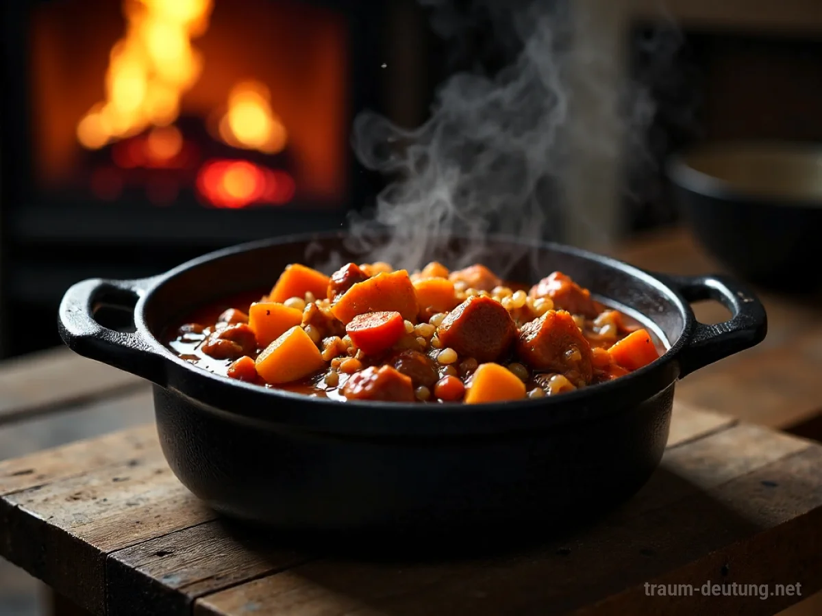 Traumsymbol Ragout: Ein dampfender, herzhafter Ragout in einem rustikalen Gusseisentopf auf einem Holztisch, beleuchtet von warmem Kaminlicht.