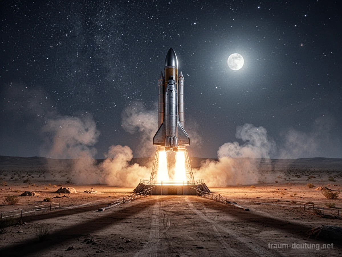 Traumdeutung Rakete: Eine elegante silberne Rakete steht startbereit auf einem staubigen Startpad unter einem sternenklaren Nachthimmel, beleuchtet von intensiven Triebwerksflammen.