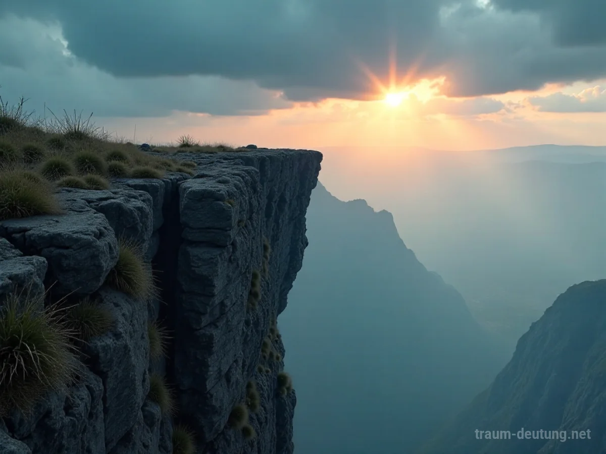 Traumsymbol Rand: Eine schroffe Felskante blickt auf einen weiten, nebligen Abgrund unter einem dramatischen Sonnenuntergangshimmel.