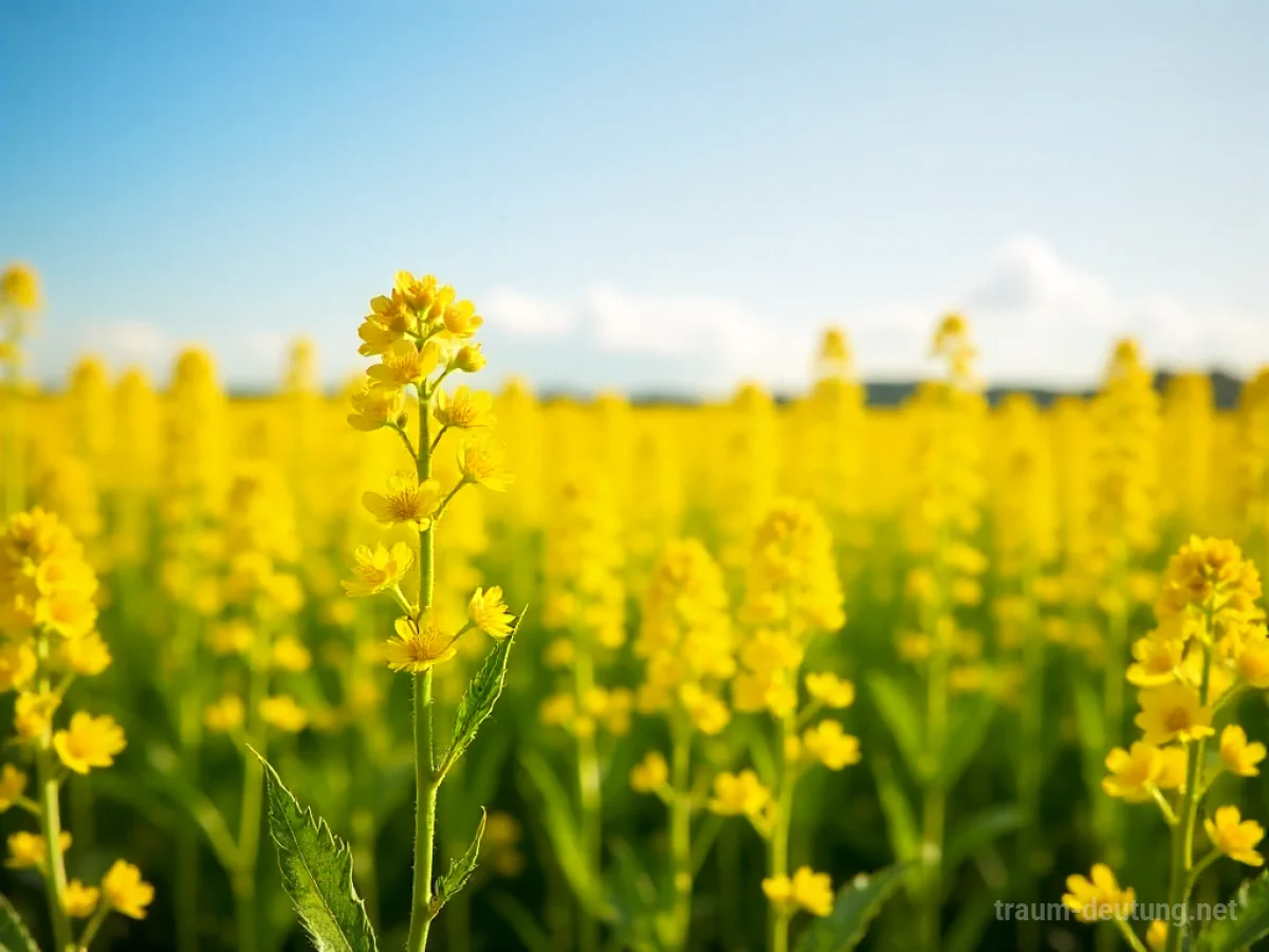 Traumsymbol Raps: Ein weites Feld leuchtend gelber Rapsblüten erstreckt sich unter strahlend blauem Himmel.