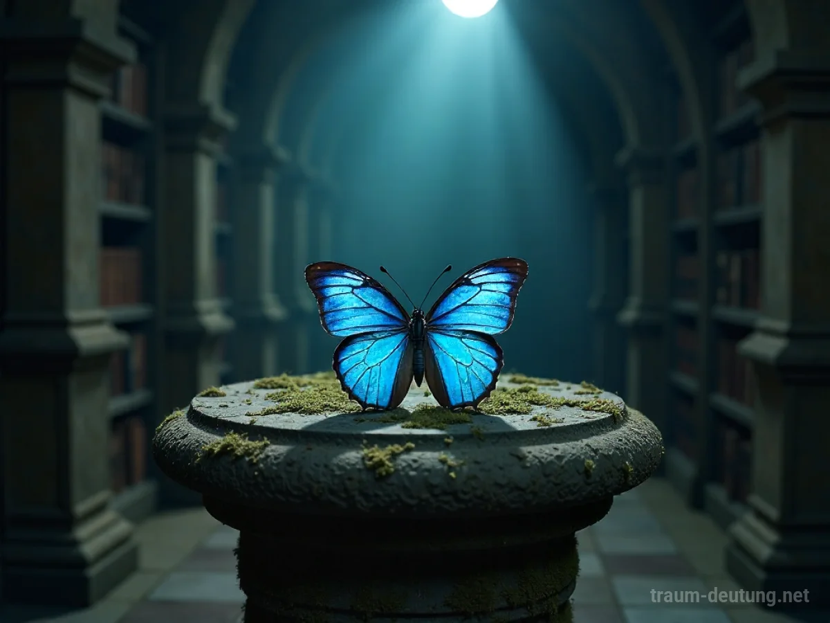 Traumsymbol Rarität: Ein schillernder blauer Schmetterling ruht auf einem moosbewachsenen Steinpodest in einer staubigen, mondbeschienenen Bibliothek.