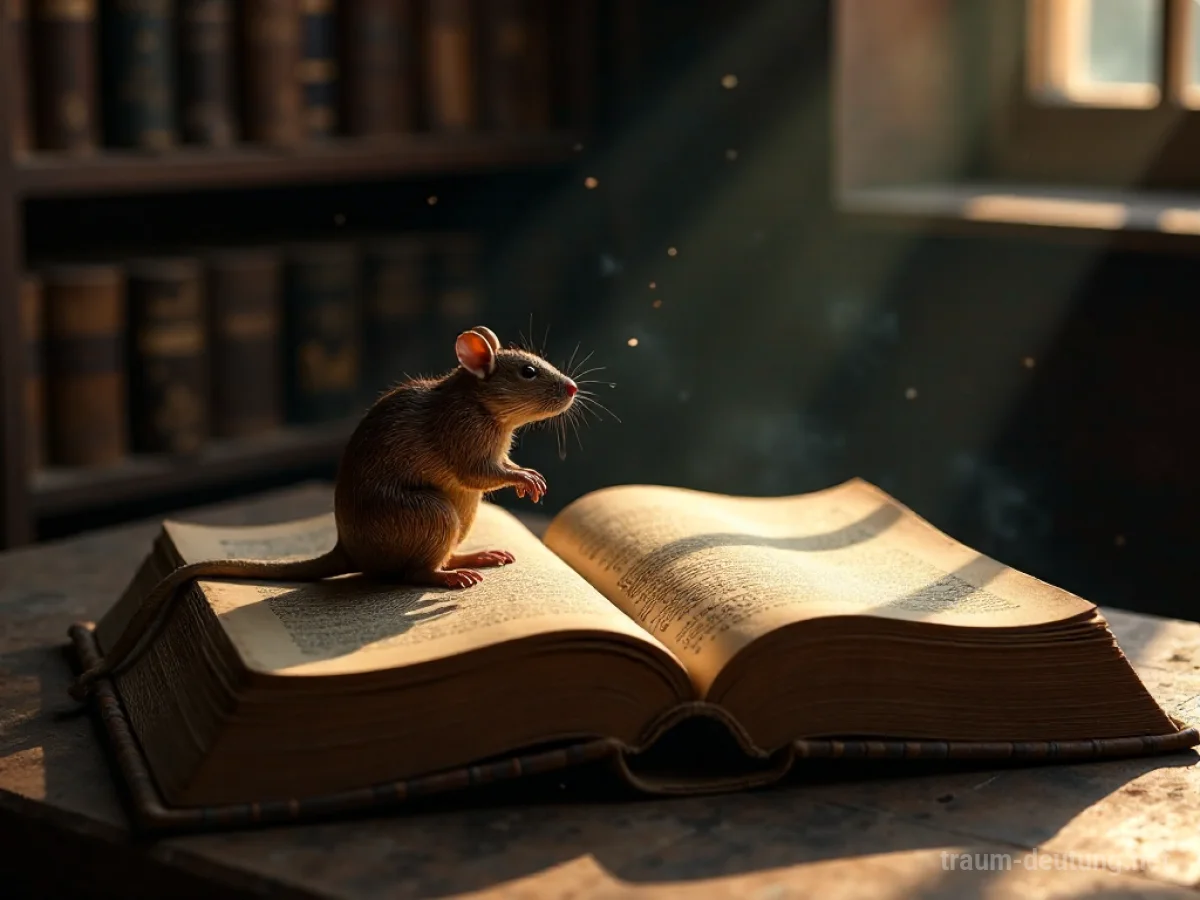 Traumsymbol Rat: Eine geschnitzte Holzratte sitzt auf einem alten, geöffneten Buch in einer staubigen Bibliothek, beleuchtet von einem warmen Lichtkegel.