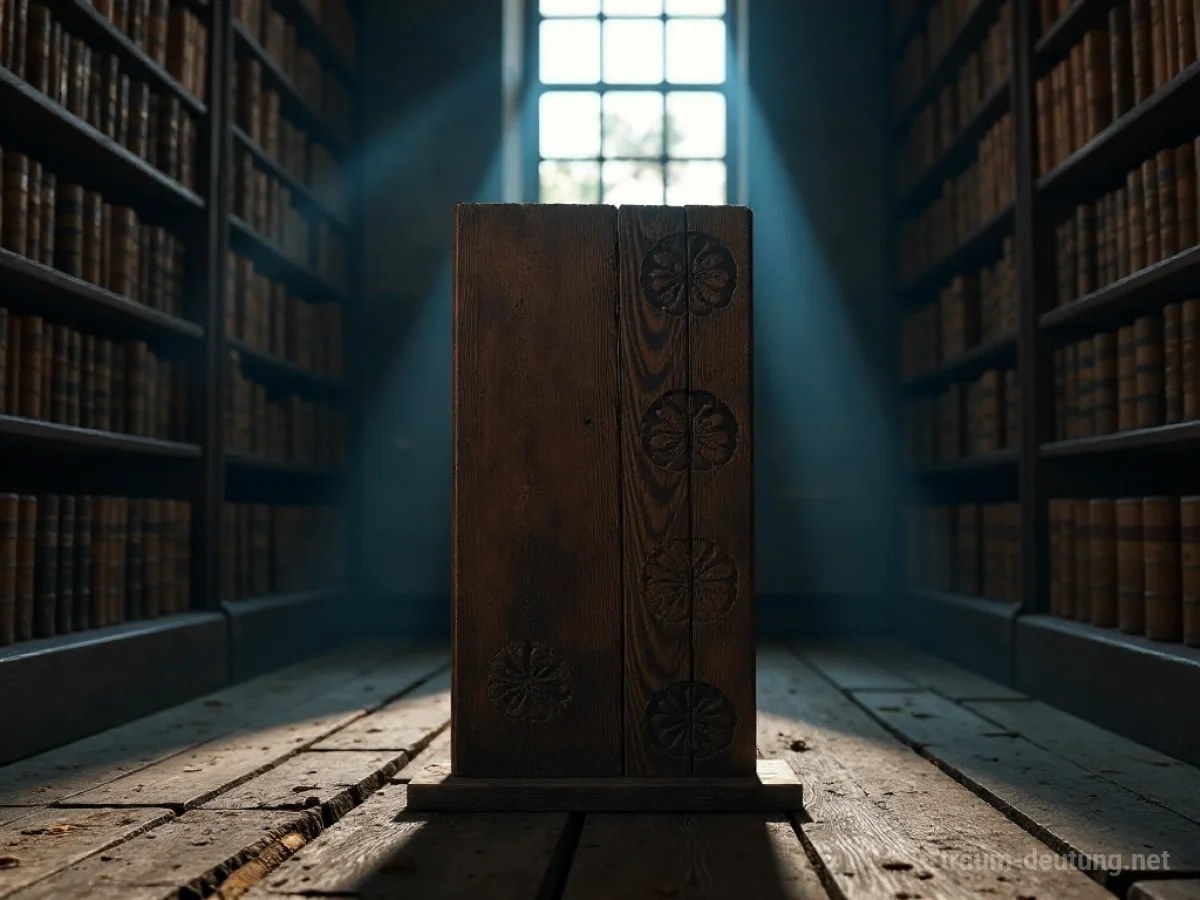 Traumsymbol Rate: Eine alte, hölzerne Rate steht in einer staubigen, mondbeschienenen Bibliothek, umgeben von alten Büchern.