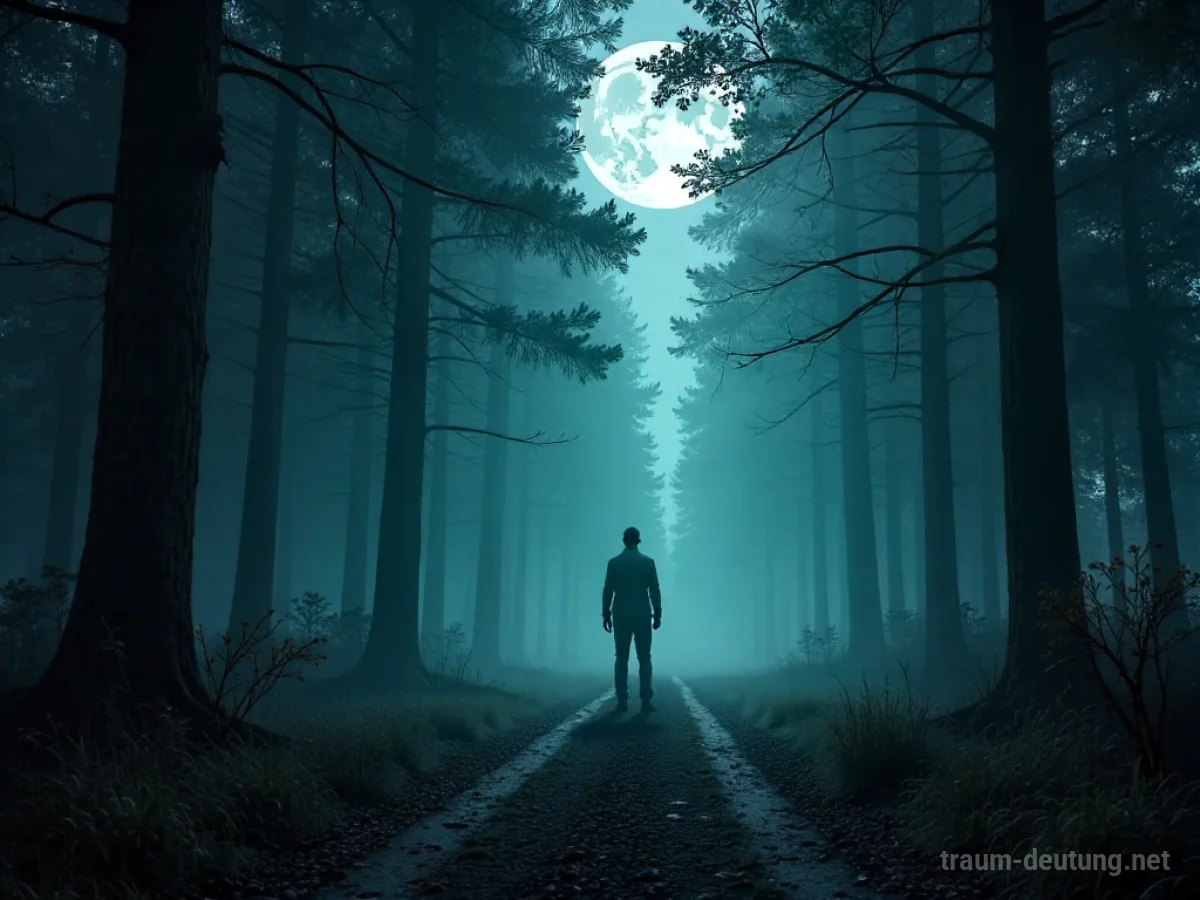 Traumsymbol Raten: Eine einsame Gestalt steht an einer Weggabelung in einem nebligen Wald bei Mondlicht und stellt sich einer wichtigen Entscheidung.