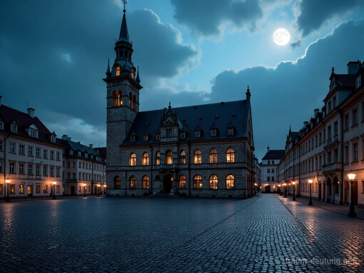 Traumsymbol Rathaus: Ein majestätisches Steingebäude eines Rathauses steht verlassen auf einem Kopfsteinpflasterplatz im Mondlicht unter einem dramatischen Abendhimmel.