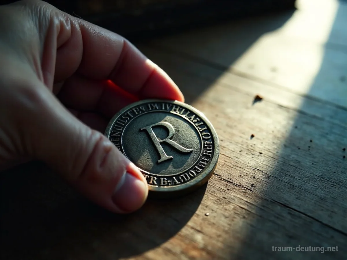 Traumsymbol Rating: Eine Hand hält eine angelaufene, antike Silbermedaille mit eingraviertem 'R' auf dunklem Holz, beleuchtet von einem Spotlight.