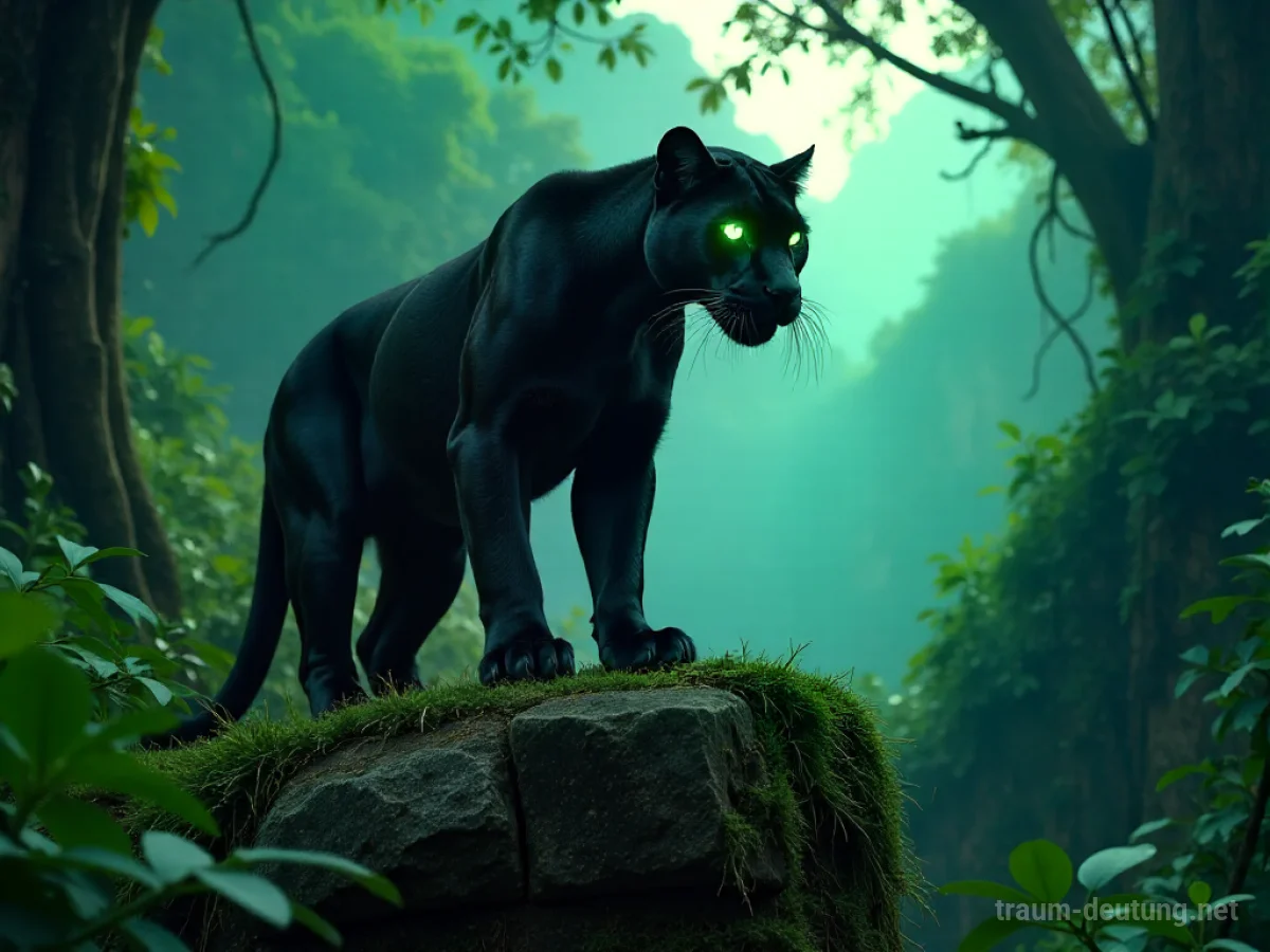 Traumsymbol Raubtier: Ein schwarzer Panther steht wachsam auf einer bemoosten Steinruine im nebelverhangenen Dschungel, beleuchtet von Mondlicht.