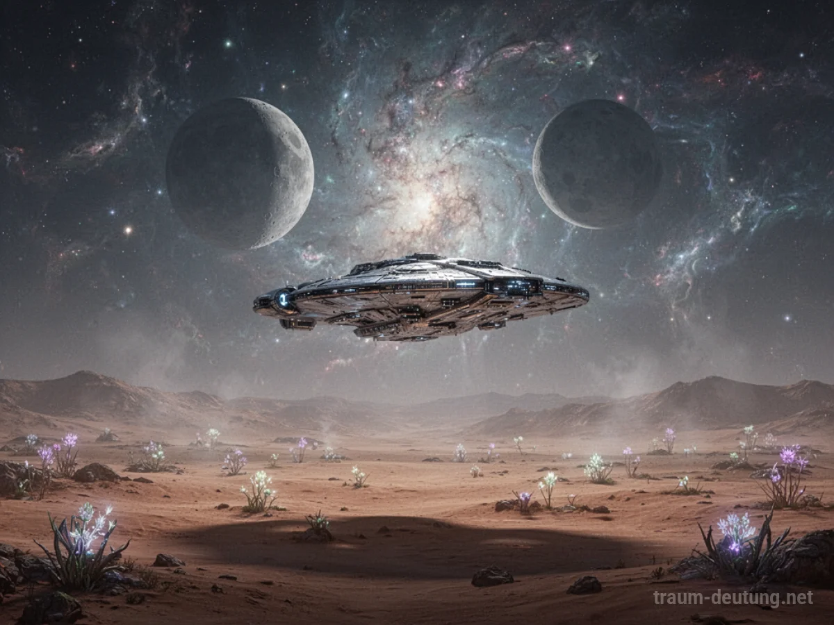 Traumsymbol Raumschiff: Ein futuristisches Raumschiff schwebt über einer weiten, fremdartigen Wüstenlandschaft unter einem Himmel mit wirbelnden Nebeln und zwei Monden.