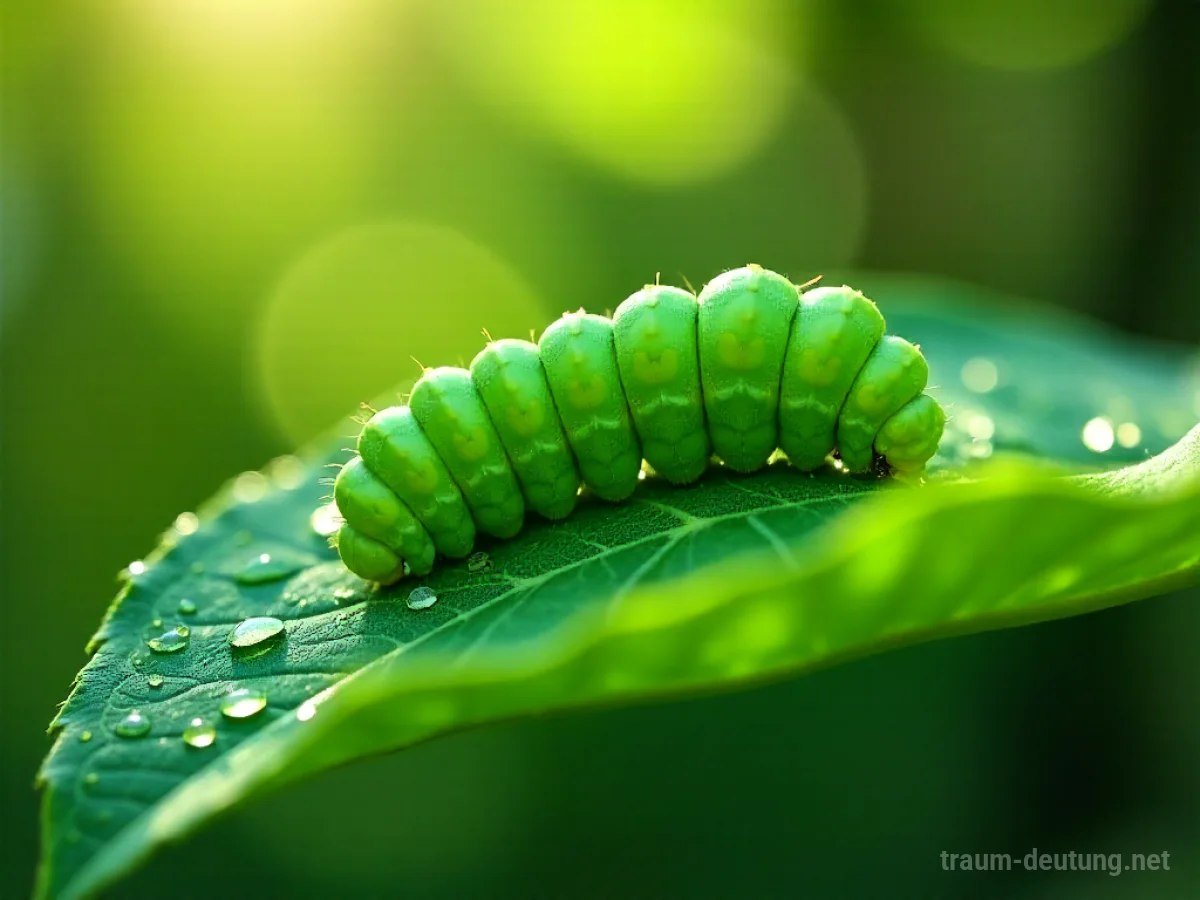 Traumsymbol Raupe: Eine grüne Raupe kriecht auf einem taufrischen Blatt im sanften Morgenlicht eines Waldes.