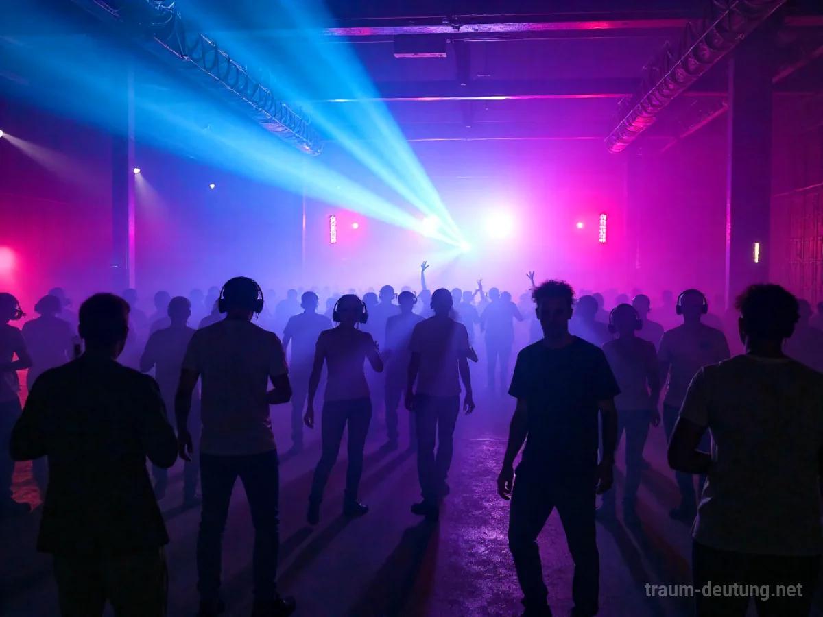 Traumsymbol Rave: Eine tanzende Menge in einem dunklen Lagerhaus, beleuchtet von bunten Laserstrahlen und Stroboskopen.