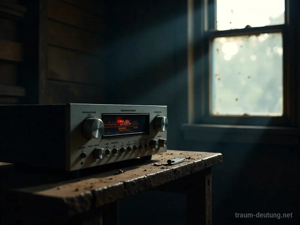 Traumsymbol Receiver: Ein antiker analoger Stereo-Receiver steht auf einem staubigen Holzregal in einem schwach beleuchteten Dachboden, während Mondlicht durch ein schmutziges Fenster fällt.