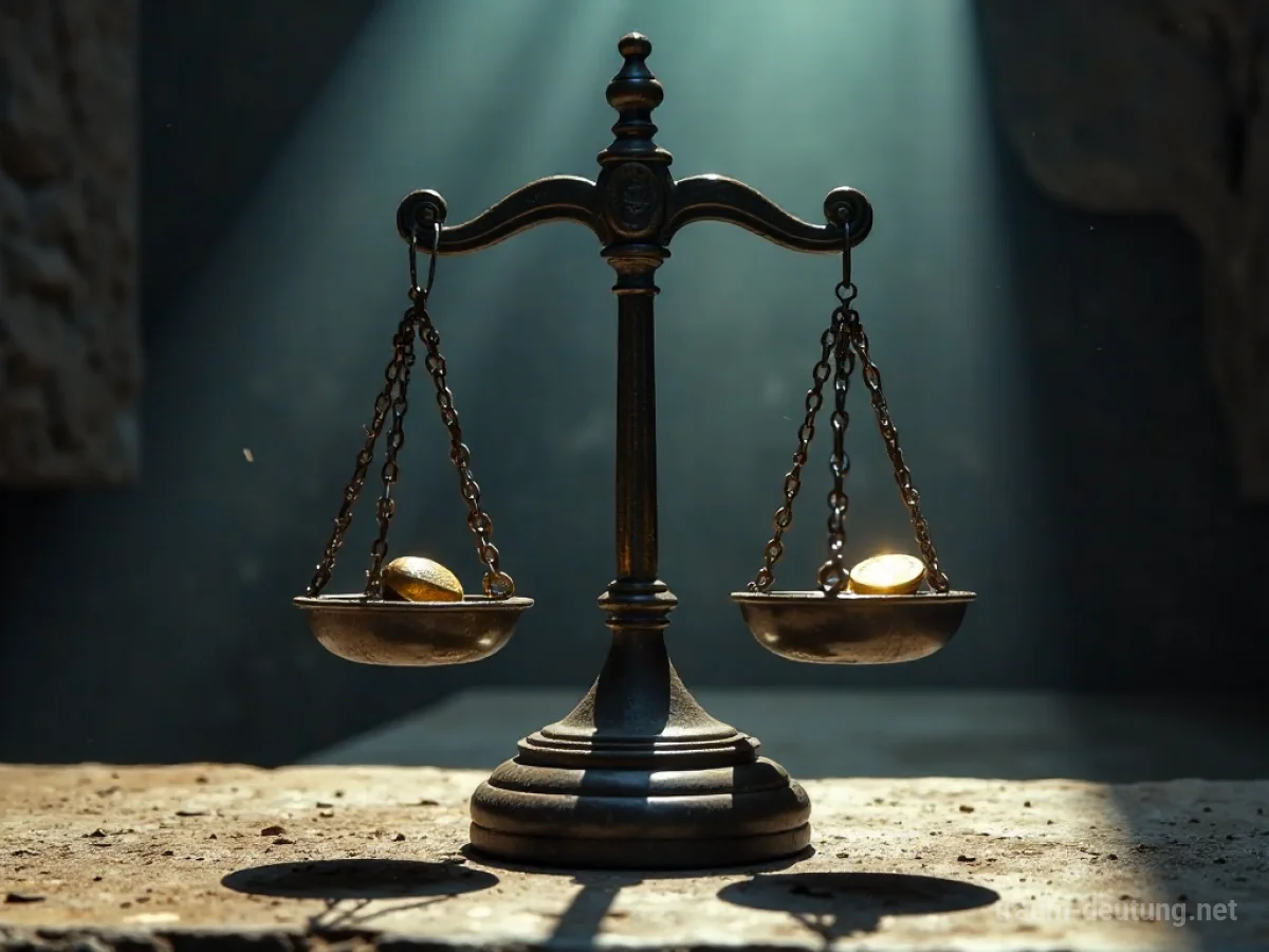 Traumsymbol Recht: Eine alte Steinwaage der Gerechtigkeit steht in einem dunklen Gerichtssaal, eine Feder und eine Goldmünze in den Waagschalen.