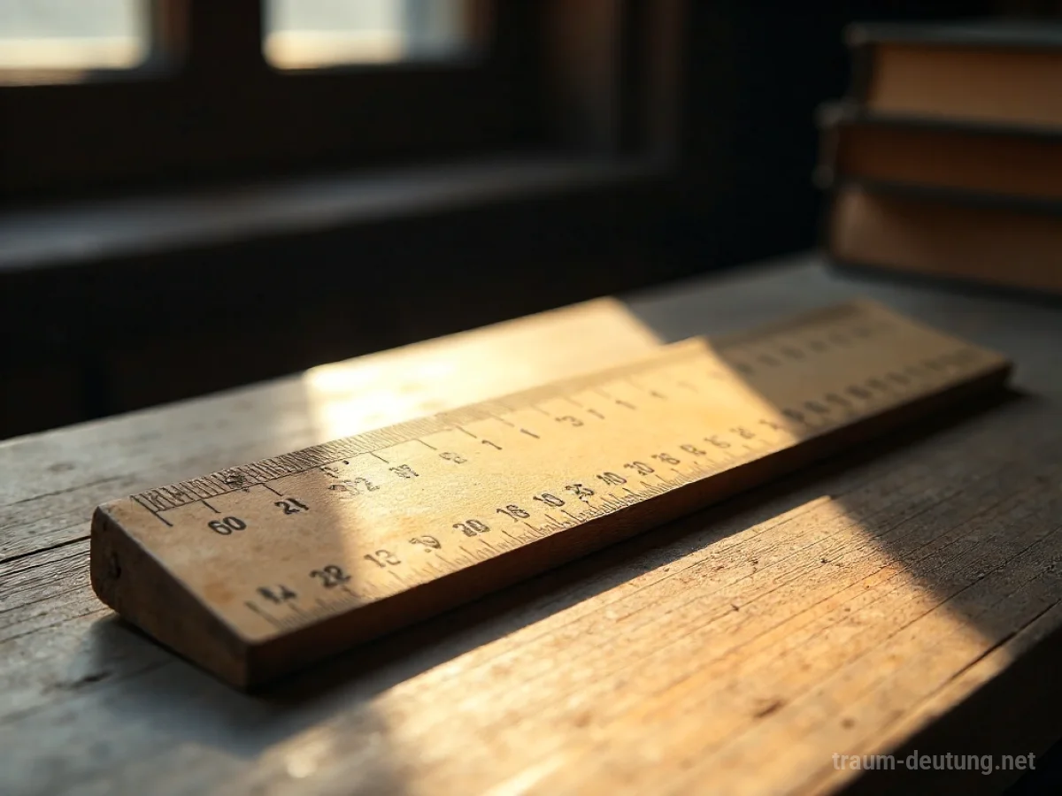 Traumdeutung Regel: Eine verwitterte Holzlineal liegt auf einem staubigen Schreibtisch, beleuchtet von Sonnenlicht, das lange Schatten wirft.