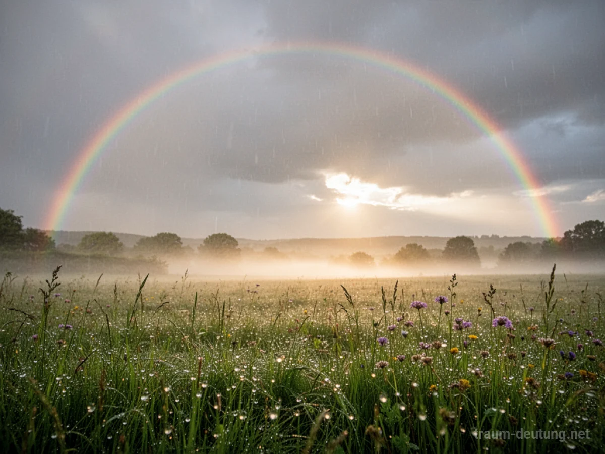 Traumsymbol Regenbogen: Ein heller, vollkommen geformter Regenbogen wölbt sich über einer sanften, bewölkten Landschaft nach einem Regen.