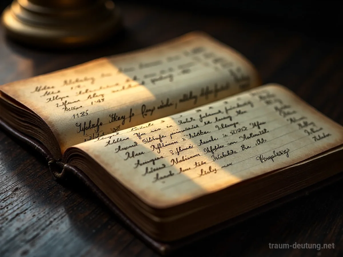 Traumsymbol Register: Ein antikes, ledergebundenes Register liegt offen auf einem dunklen Schreibtisch, die Seiten sind mit handschriftlichen Einträgen bedeckt und im goldenen Licht schimmernd.