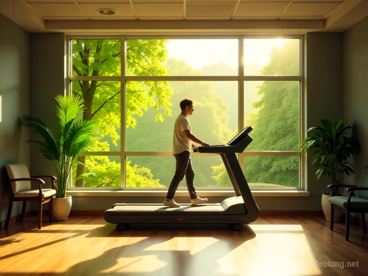 Traumdeutung Reha: Eine Person auf einem Laufband in einem hellen Rehabilitationsraum mit Blick ins Grüne, Symbol für Heilung.