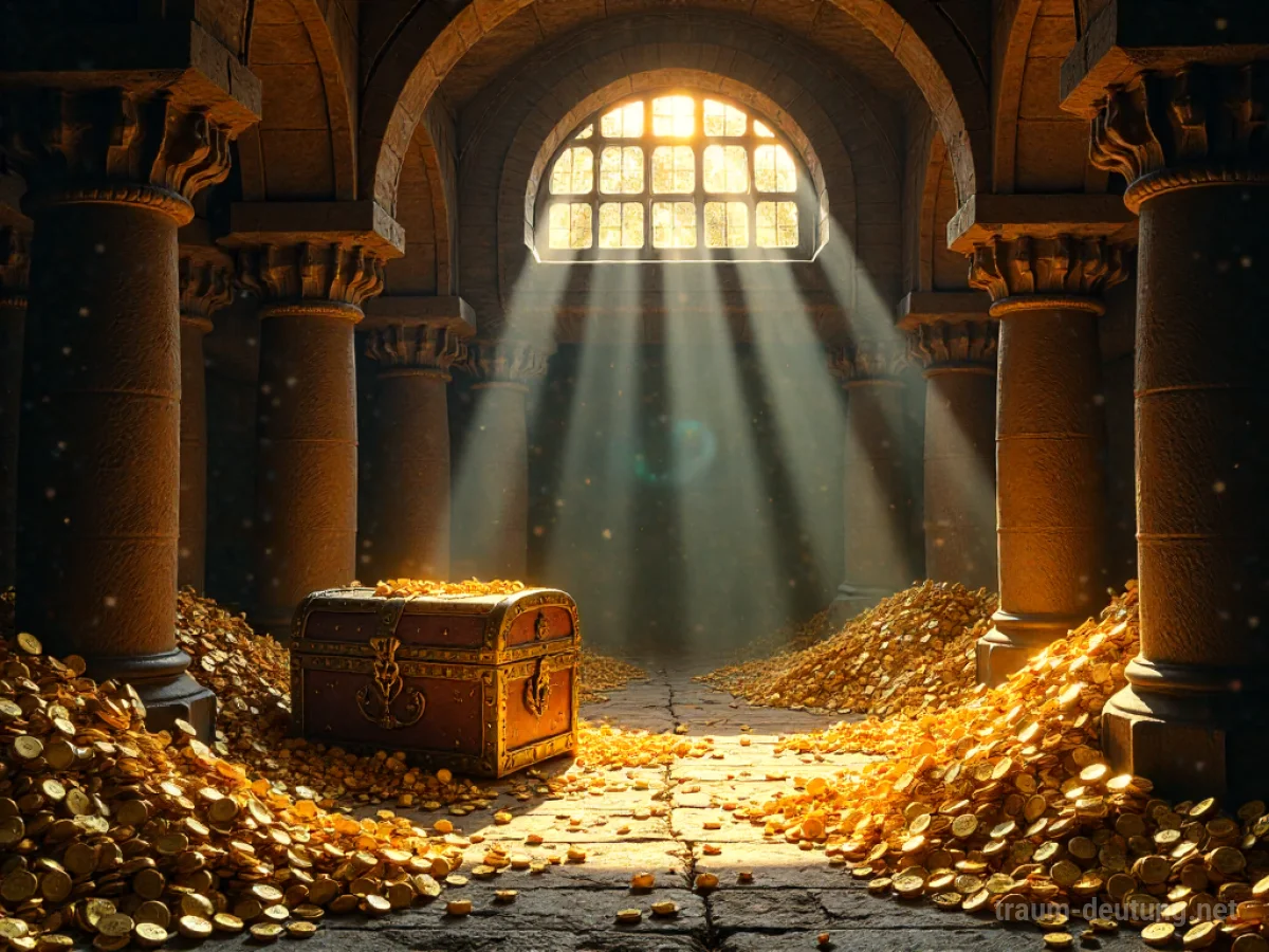 Traumsymbol Reich: Eine üppige Schatzkammer voller glänzender Goldmünzen und Edelsteine, beleuchtet von einem Sonnenstrahl, der tiefen Reichtum und Potenzial symbolisiert.