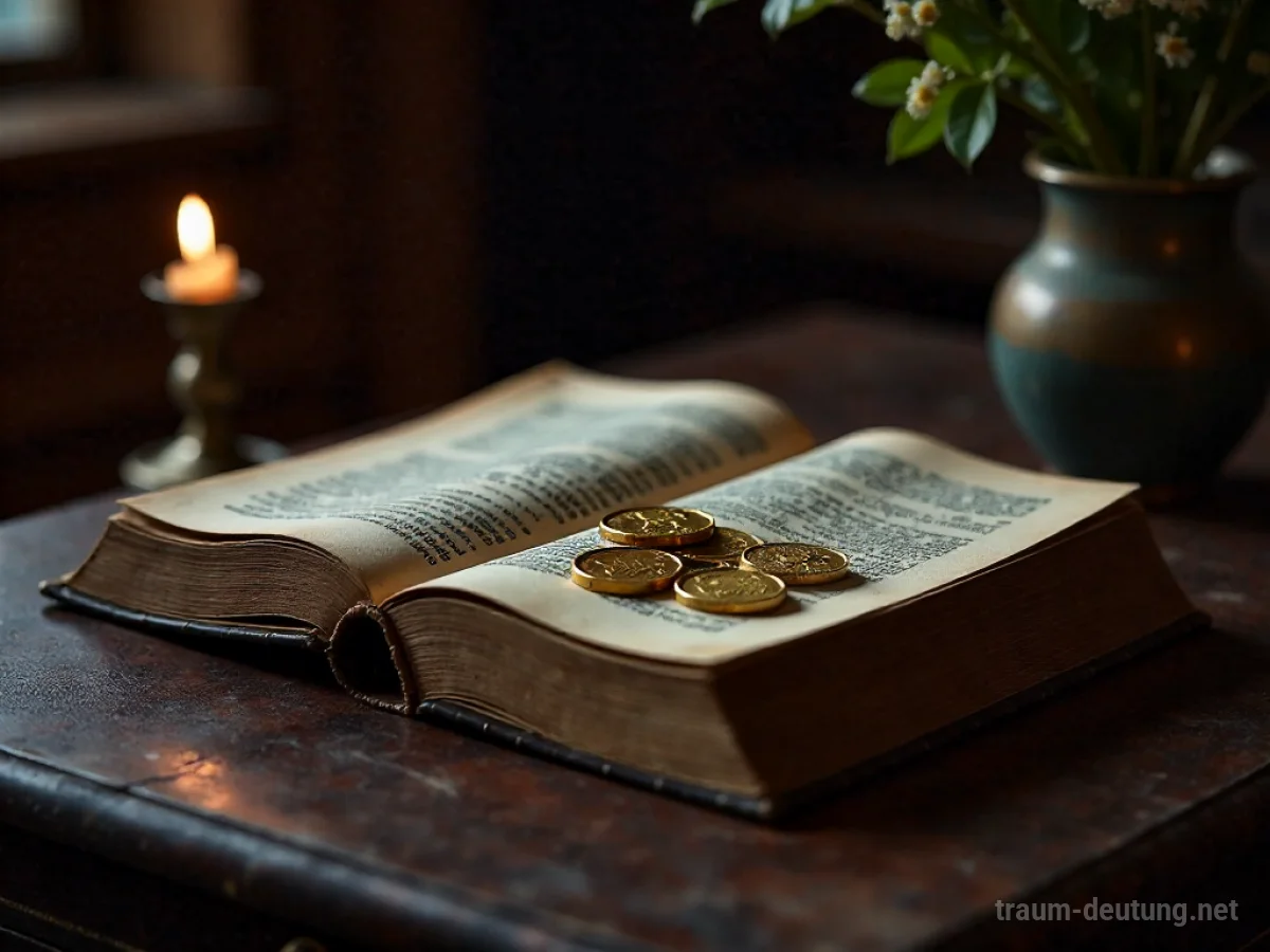 Traumdeutung Reichtum: Ein aufgeschlagenes altes Buch mit herausfallenden Goldmünzen im Schein einer Kerze auf einem dunklen Holztisch.