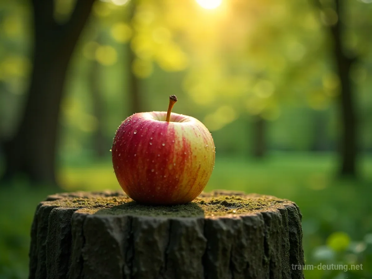 Traumsymbol Reife: Ein perfekt reifer, goldener Apfel liegt auf einem moosbewachsenen Steinsockel in einem sonnenbeschienenen Waldlichtung, umgeben von sanftem Licht.