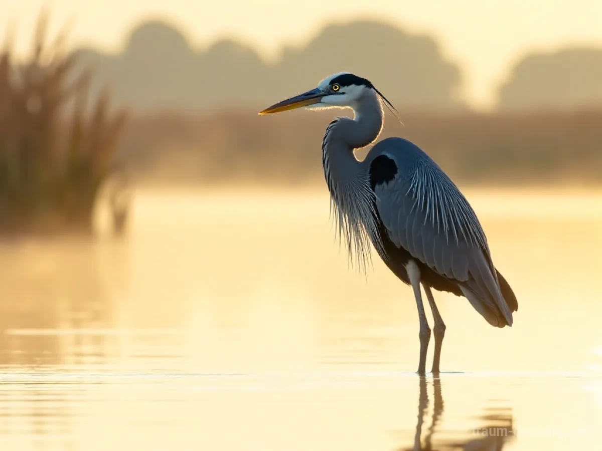 Traumsymbol Reiher: Ein majestätischer blauer Reiher steht ruhig im klaren Wasser eines Marsches im Morgengrauen, goldenes Licht fällt auf sein Gefieder.