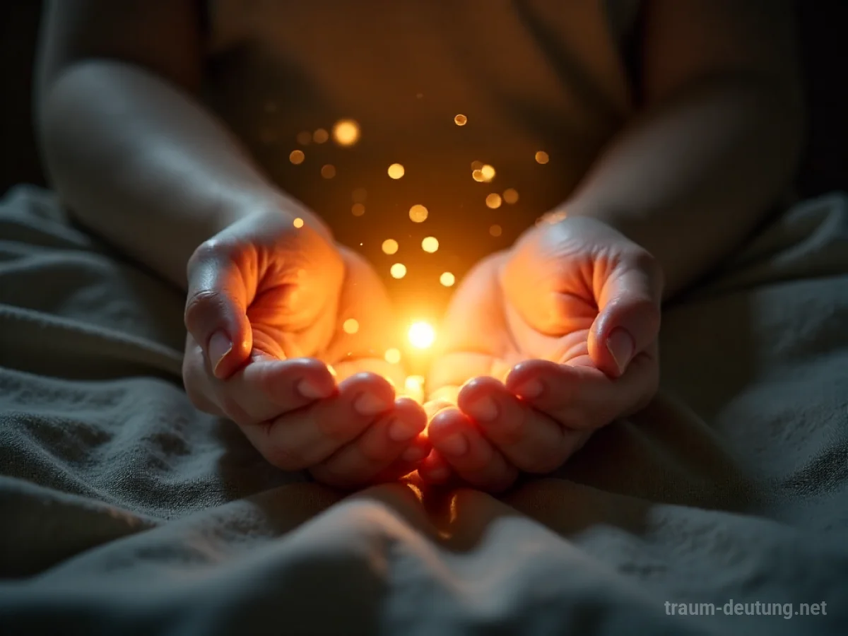 Traumdeutung Reiki: Hände in meditativer Pose, aus denen ein sanftes, goldenes Licht strahlt, umgeben von schimmernden Partikeln.