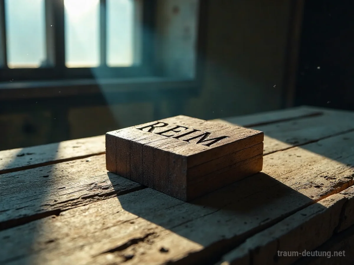 Traumsymbol Reim: Ein einzelner, kunstvoll geschnitzter Holzklotz mit dem Wort 'REIM' steht auf einem alten Schreibtisch im Mondlicht.