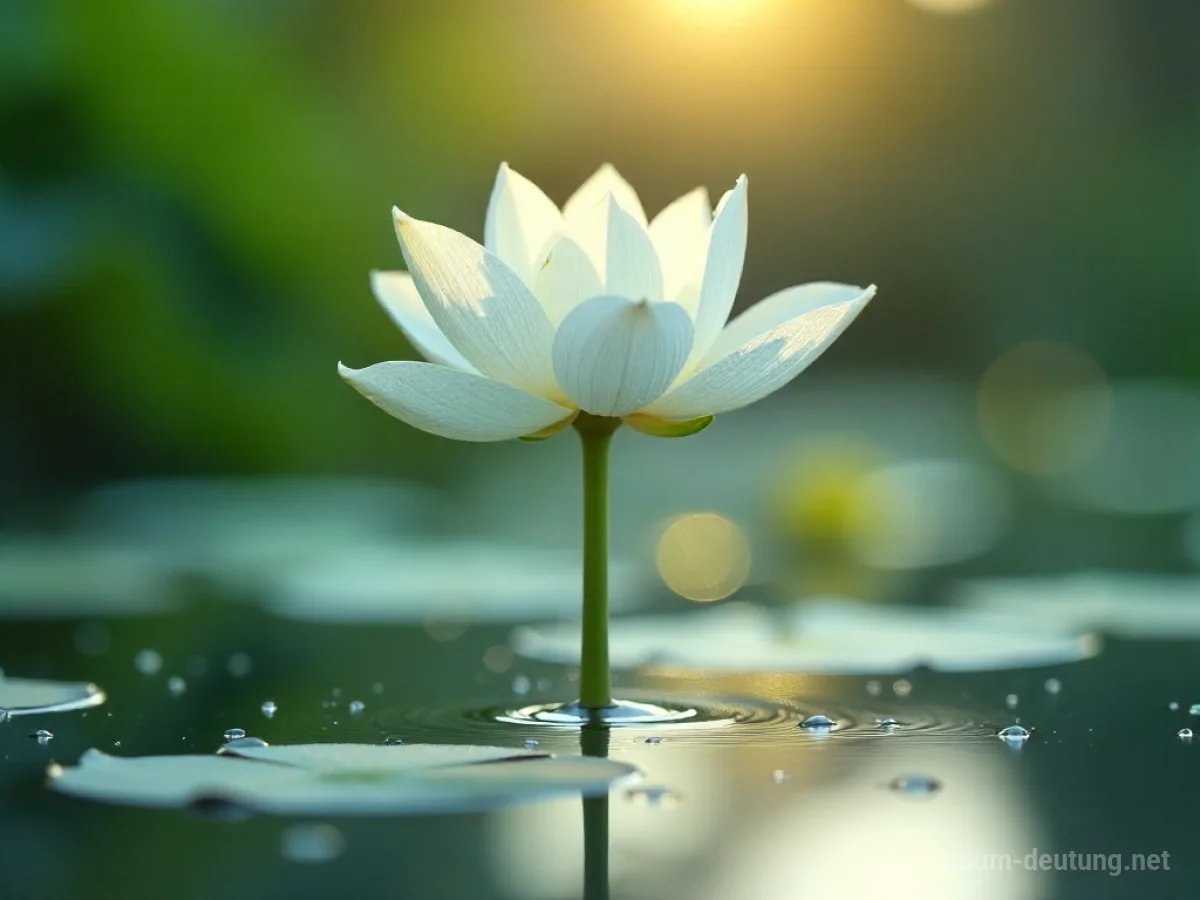 Traumsymbol Reinheit: Eine makellose weiße Lotusblüte erhebt sich aus klarem Wasser im sanften Licht des Morgens.