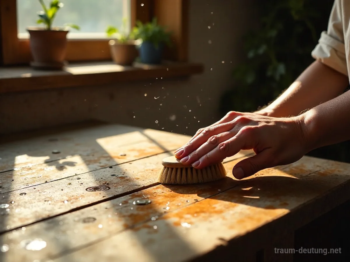 Traumdeutung Reinigen: Hände schrubben sorgfältig einen alten Holztisch, während Sonnenlicht durch ein Fenster fällt und Staubpartikel in der Luft tanzen.