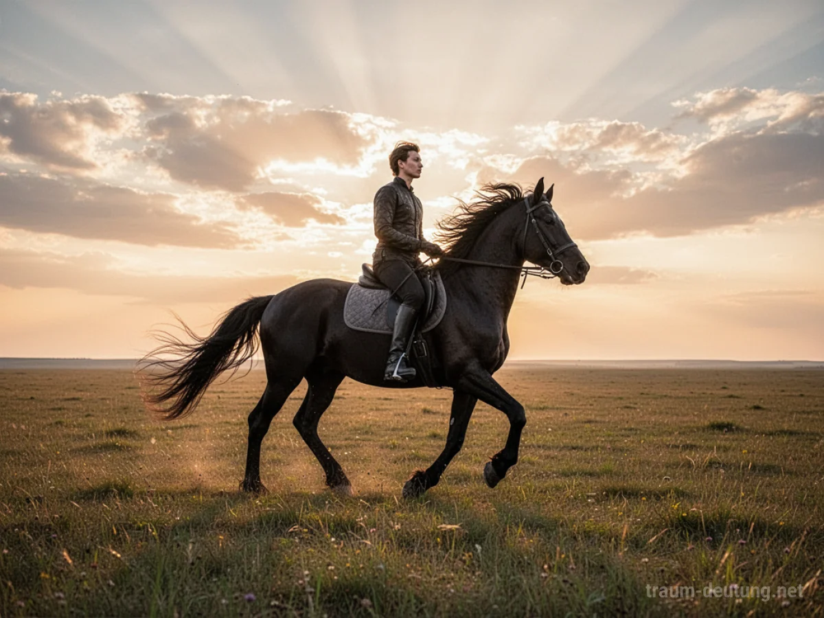 Traumsymbol Reiten: Eine Person reitet selbstbewusst auf einem dunklen Pferd über eine weite Graslandschaft im goldenen Licht der Morgendämmerung.