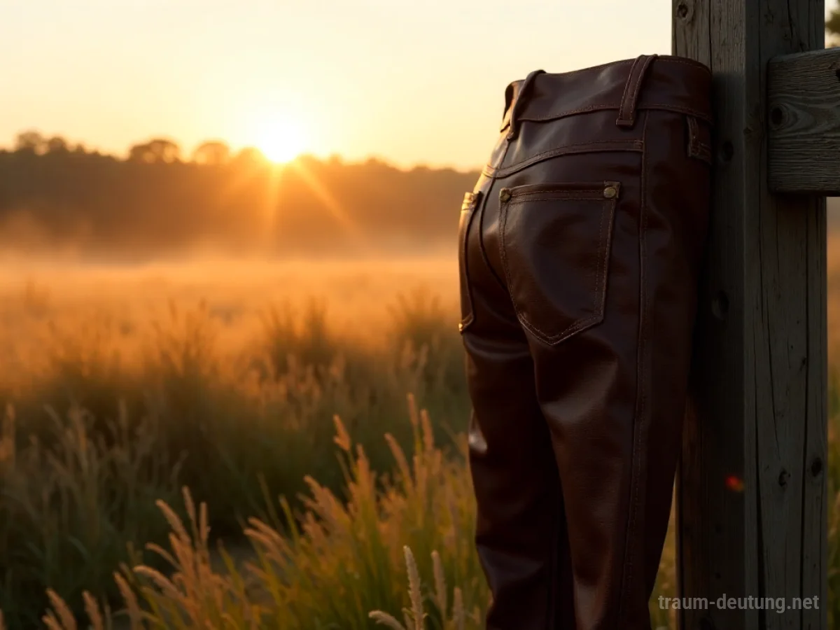 Traumsymbol Reithose: Eine dunkle Lederreithose hängt an einem rustikalen Holzzaunpfahl, beleuchtet vom goldenen Licht der Abendsonne, mit einem Feld voller Gräser im Hintergrund.