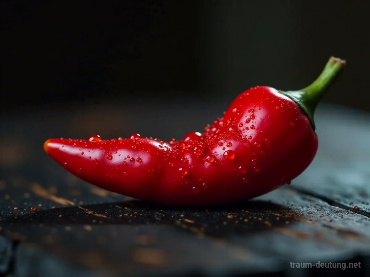 Traumsymbol Reiz: Eine einzelne, leuchtend rote Chilischote mit Tautropfen liegt auf dunklem Holz im sanften Licht.