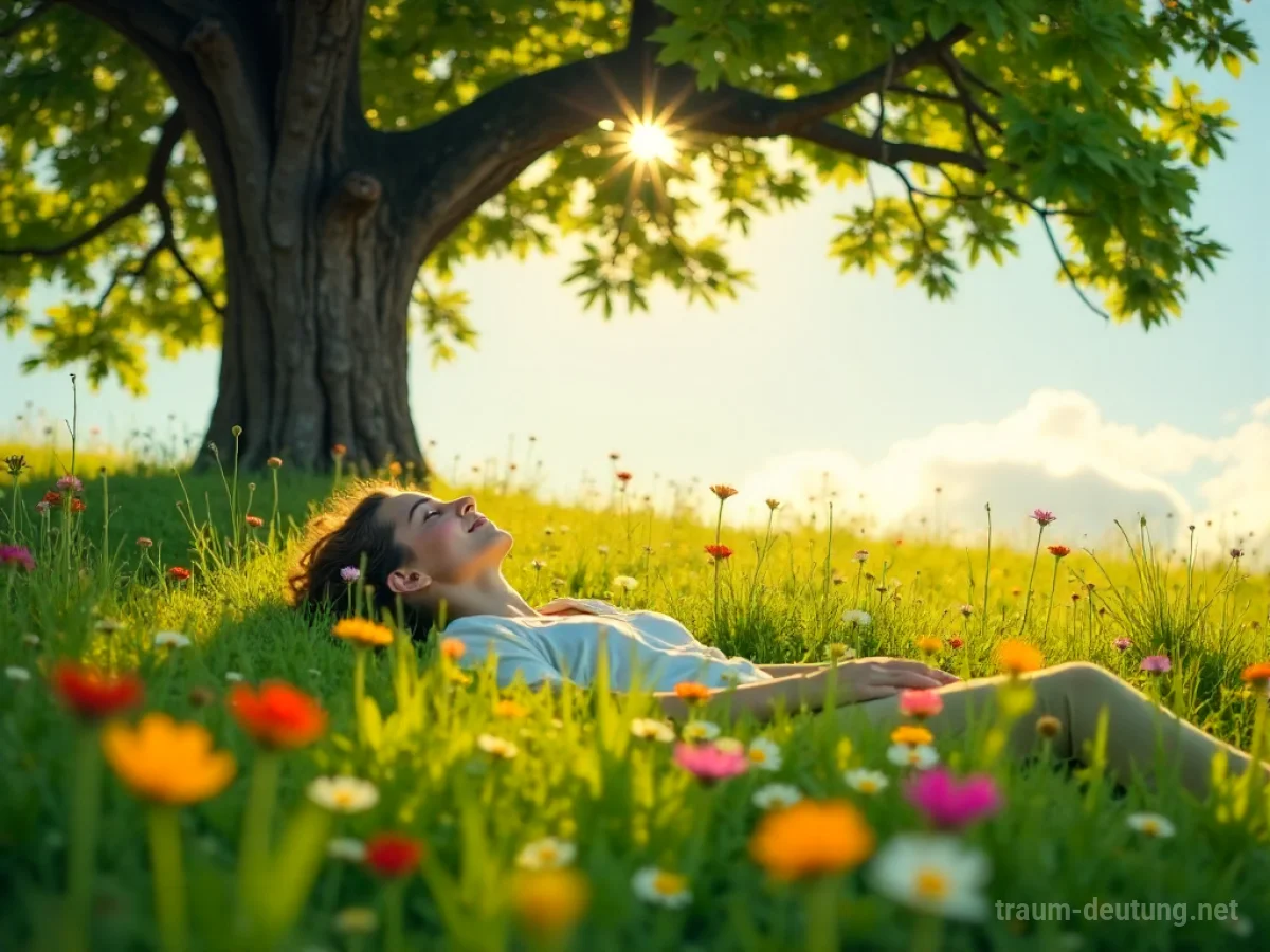 Traumsymbol Relaxen: Eine Person liegt friedlich auf einer sonnenbeschienenen Wiese, umgeben von Wildblumen, unter dem sanften Licht eines alten Baumes.