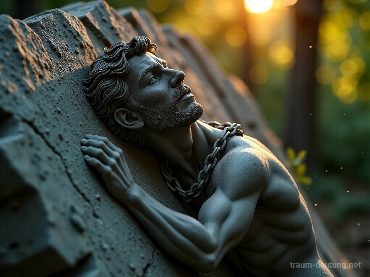 Traumdeutung Relief: Eine detaillierte Steinrelief-Darstellung einer Figur, die sich von schweren Ketten befreit, beleuchtet von warmem, goldenem Licht.