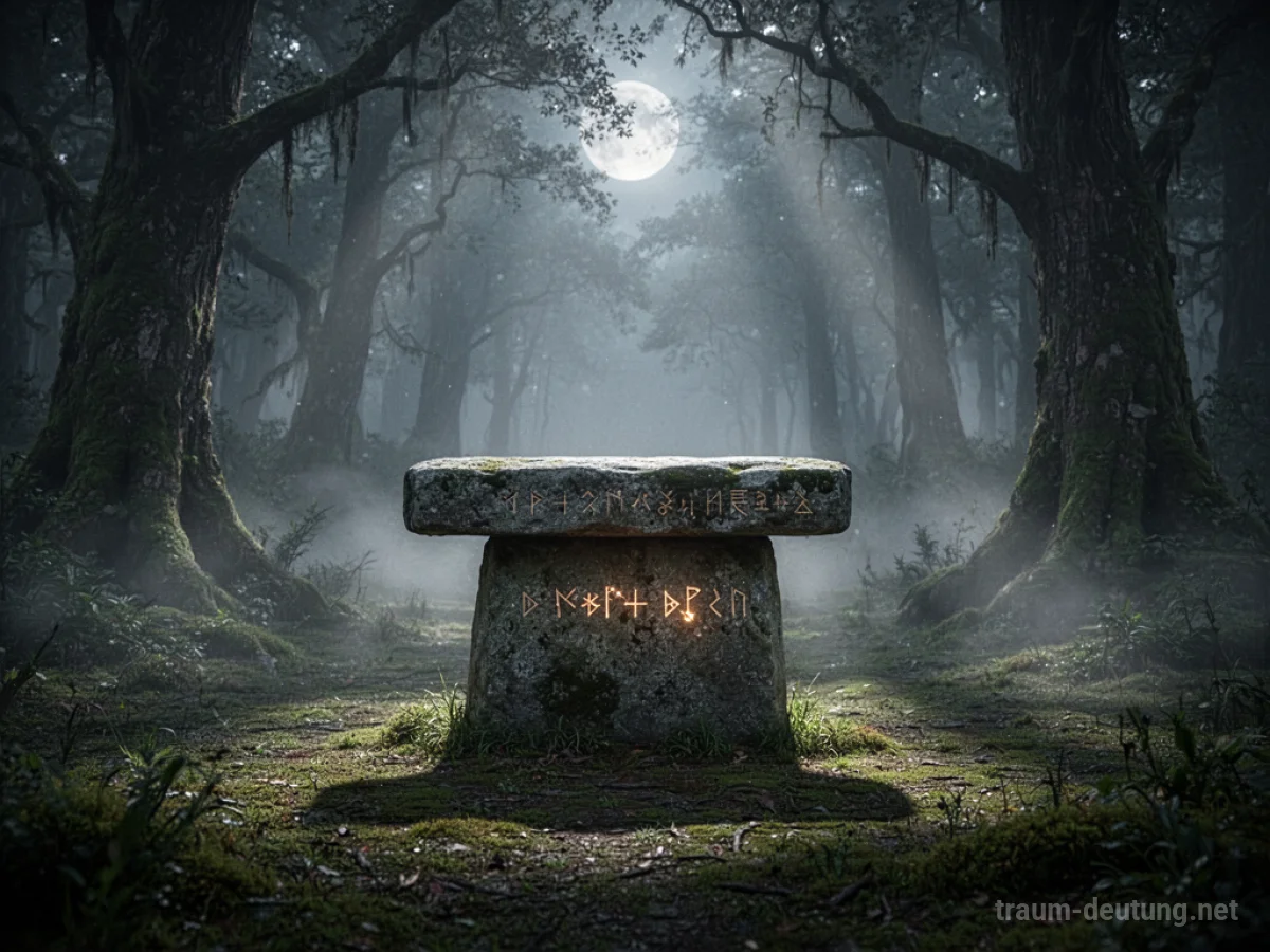 Traumsymbol Religion: Ein alter, bemooster Stein-Altar steht einsam in einer nebligen Waldlichtung, beleuchtet von mystischem Mondlicht und mit schwach leuchtenden Runen.