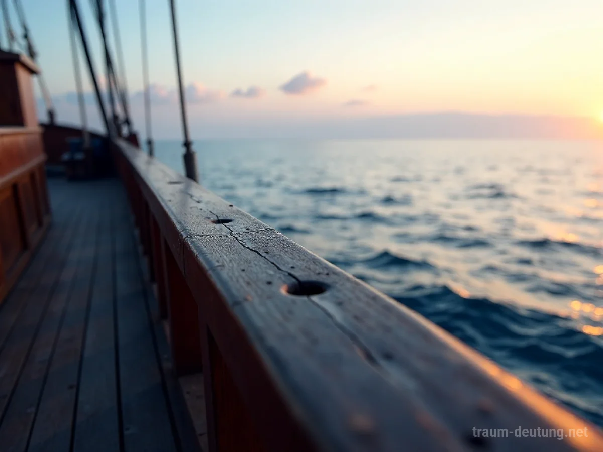 Traumdeutung Reling: Eine verwitterte Holzreling auf dem Deck eines alten Segelschiffs im Zwielicht, mit ruhigem Ozean und Nebelschleiern im Hintergrund.