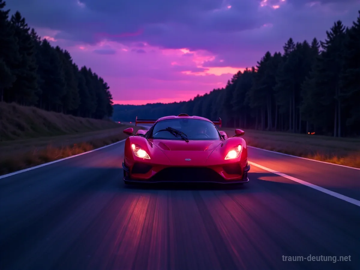 Traumsymbol Rennauto: Ein knallrotes Rennauto rast auf einer dunklen Asphaltpiste bei Dämmerung, Scheinwerfer schneiden durch die Luft, Rauch steigt auf.